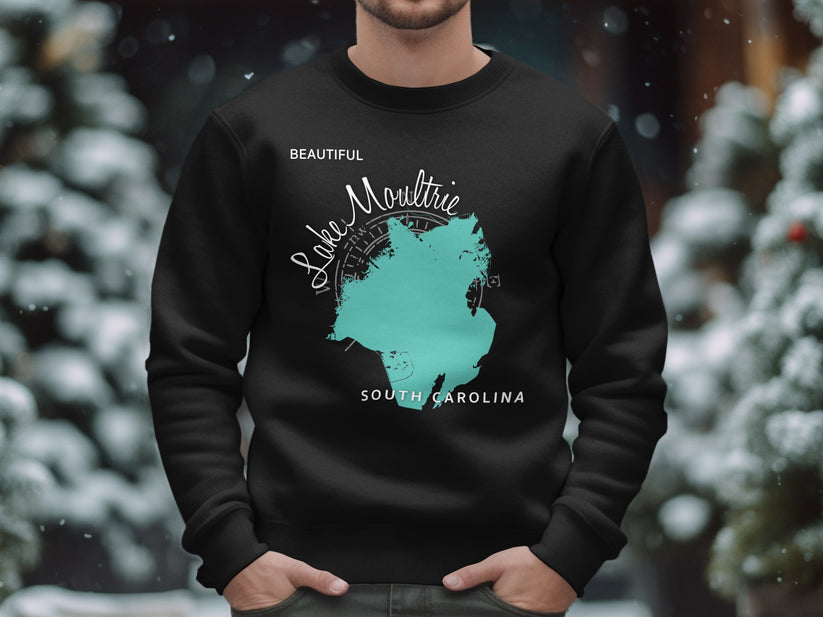 Black sweatshirt with a teal Lake Moultrie, South Carolina map graphic.