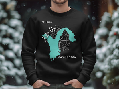 Black sweatshirt with teal map of Lake Union, Seattle, and compass.
