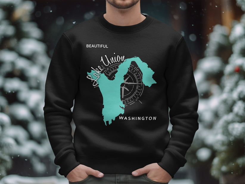Black sweatshirt with teal map of Lake Union, Seattle, and compass.