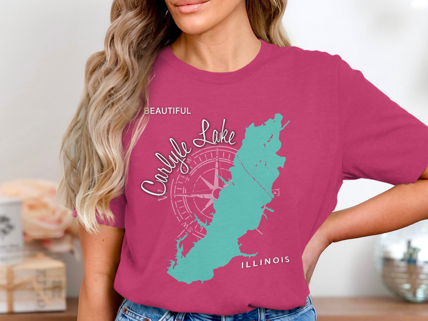 Carlyle Lake Illinois map with compass on a magenta t-shirt.