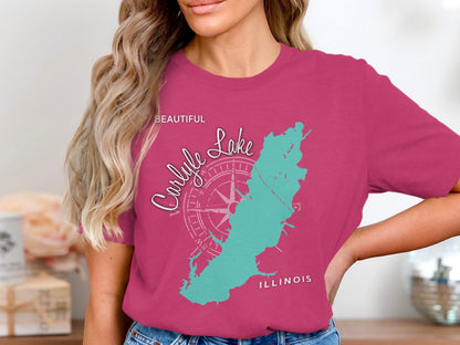 Carlyle Lake Illinois map with compass on a magenta t-shirt.