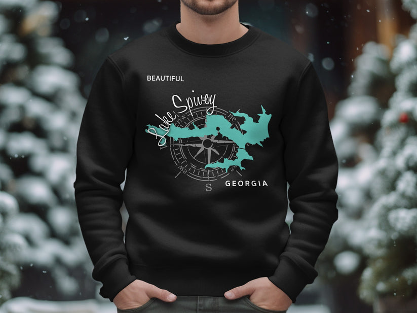 Black sweatshirt with Lake Spivey Georgia map and compass design.