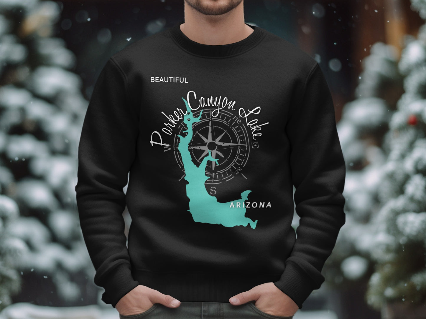 Black sweatshirt with Parker Canyon Lake Arizona map and compass design.
