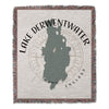 Woven blanket featuring Lake Derwentwater map and compass, with "England" text.