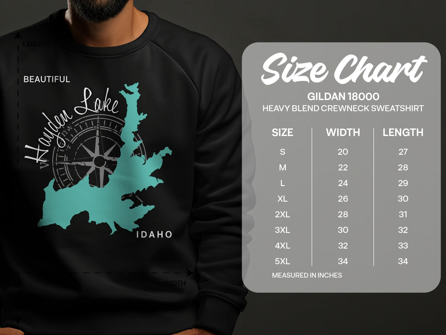 Hayden Lake map graphic on Gildan 18000 sweatshirt with size chart.