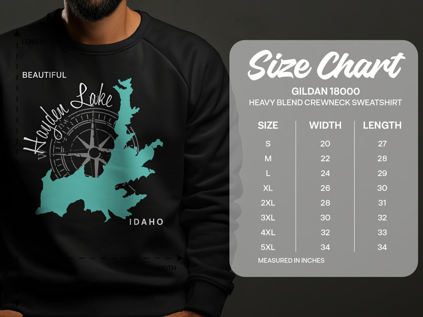 Hayden Lake map graphic on Gildan 18000 sweatshirt with size chart.