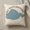 Pillow with a blue map of Lake Pontchartrain, Louisiana and text.
