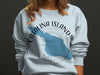 Light blue sweatshirt with Catalina Island map and compass graphic.