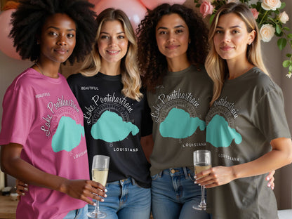 Four women wear t-shirts featuring a teal cloud graphic and "Lake Pontchartrain, Louisiana" text.