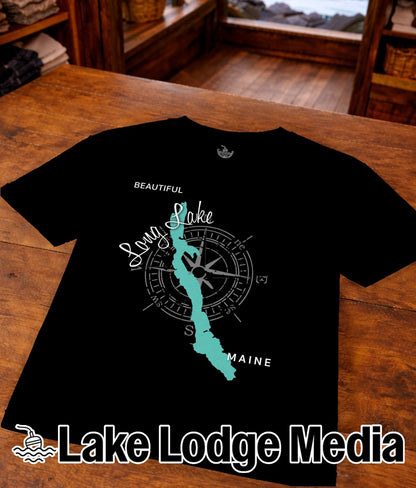 Black t-shirt with compass graphic and "Long Lake Maine" text.