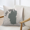 Throw pillow with a gray Lake Tahoe map outline, compass, and text.