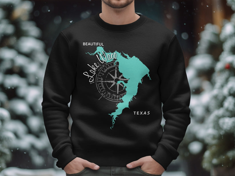 Black sweatshirt with teal map of Lake Waco and compass graphic.
