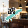 Sardis Life sticker with turquoise lake shape and black text.