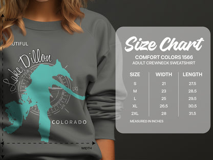 Lake Dillon Colorado sweatshirt size chart with measurements.