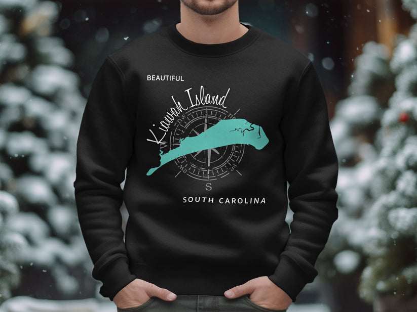 Black sweatshirt with a teal outline of Kiawah Island, South Carolina map.