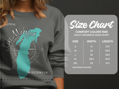 Size chart for Comfort Colors 1566 adult crewneck sweatshirt with measurements.
