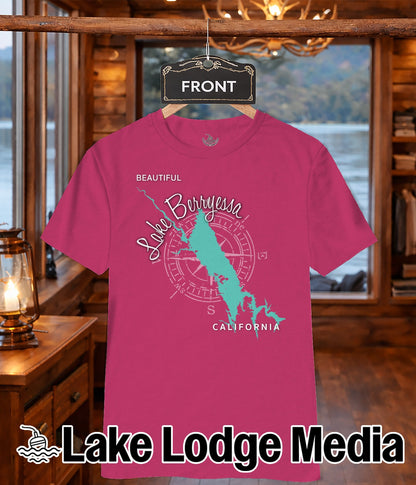 Pink t-shirt with "Lake Berryessa California" map and compass graphic.