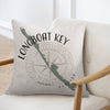 Pillow with Longboat Key Florida map and compass design on light textured fabric.
