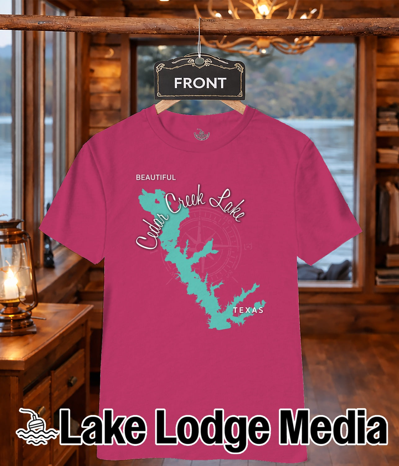 Pink t-shirt with "Cedar Creek Lake Texas" map and compass design.