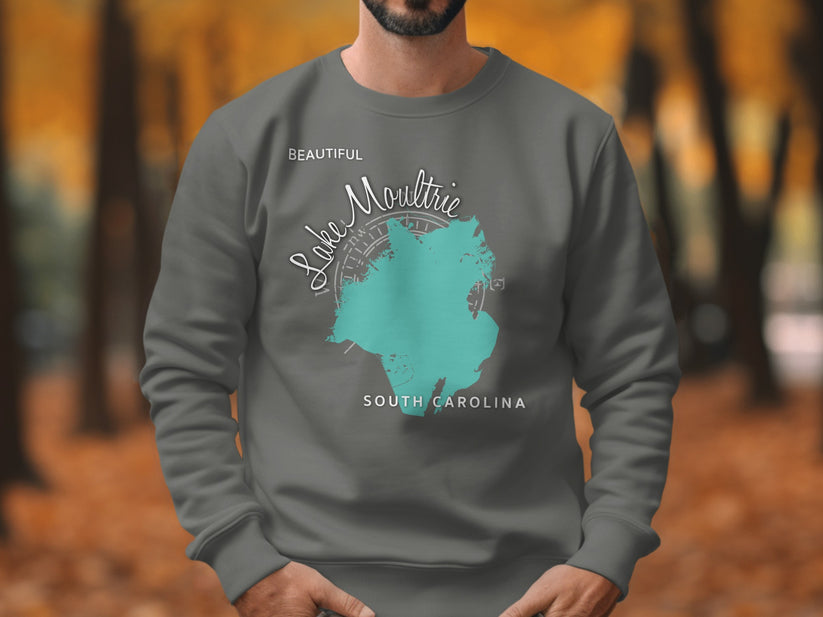 Gray sweatshirt with "Beautiful Lake Moultrie South Carolina" text and map graphic.
