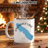 White mug with blue Onondaga Lake outline and compass rose design.