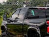 Black pickup truck with "Jordan Life" decal in aqua on the rear window.