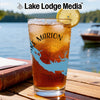 Glass of iced tea with a lemon slice, featuring a map design and "Lake Marion South" text.