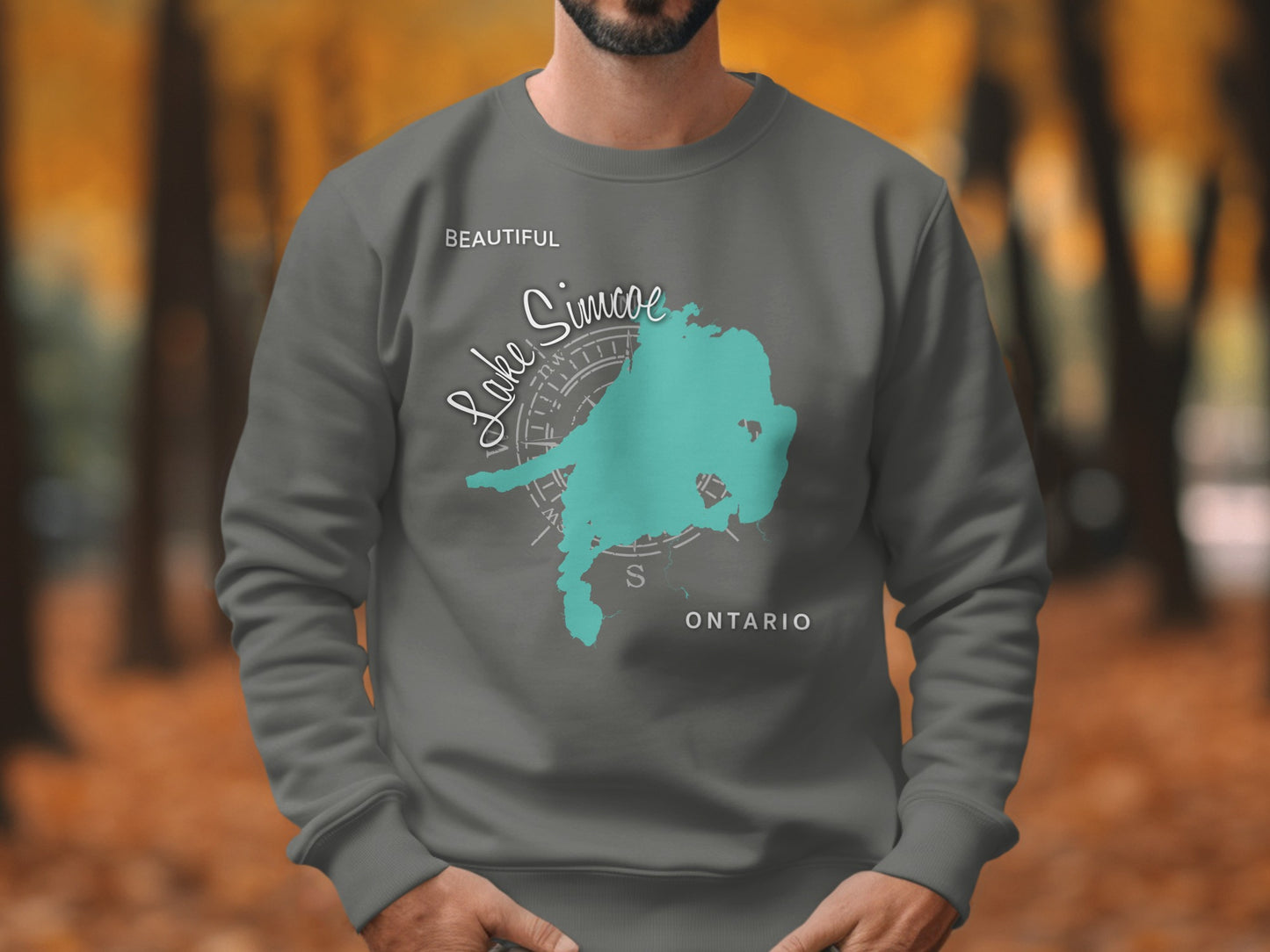 Gray sweatshirt with turquoise Lake Simcoe, Ontario map design.
