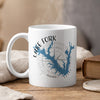 White mug with "Lake Fork Texas" design featuring a blue lake map and compass.