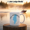White mug with Lake Winnebago Missouri map and compass design.