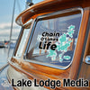 "Chain O'Lakes Life" sticker on a boat window with "Lake Lodge Media" logo.
