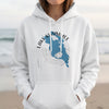 White hoodie with blue Lake Kissimmee, Florida map and compass graphic.
