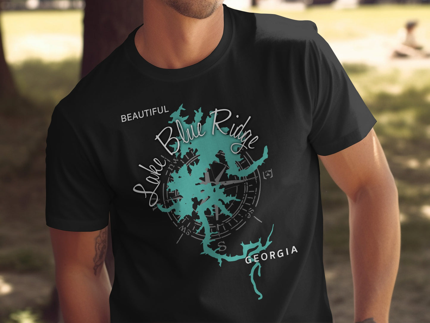 Black t-shirt with "Lake Blue Ridge Georgia" map and compass design.