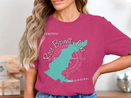 Teal Barnett Lake outline with compass rose on a woman's pink t-shirt.