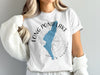 White t-shirt with blue Long Pond map and compass graphic text.