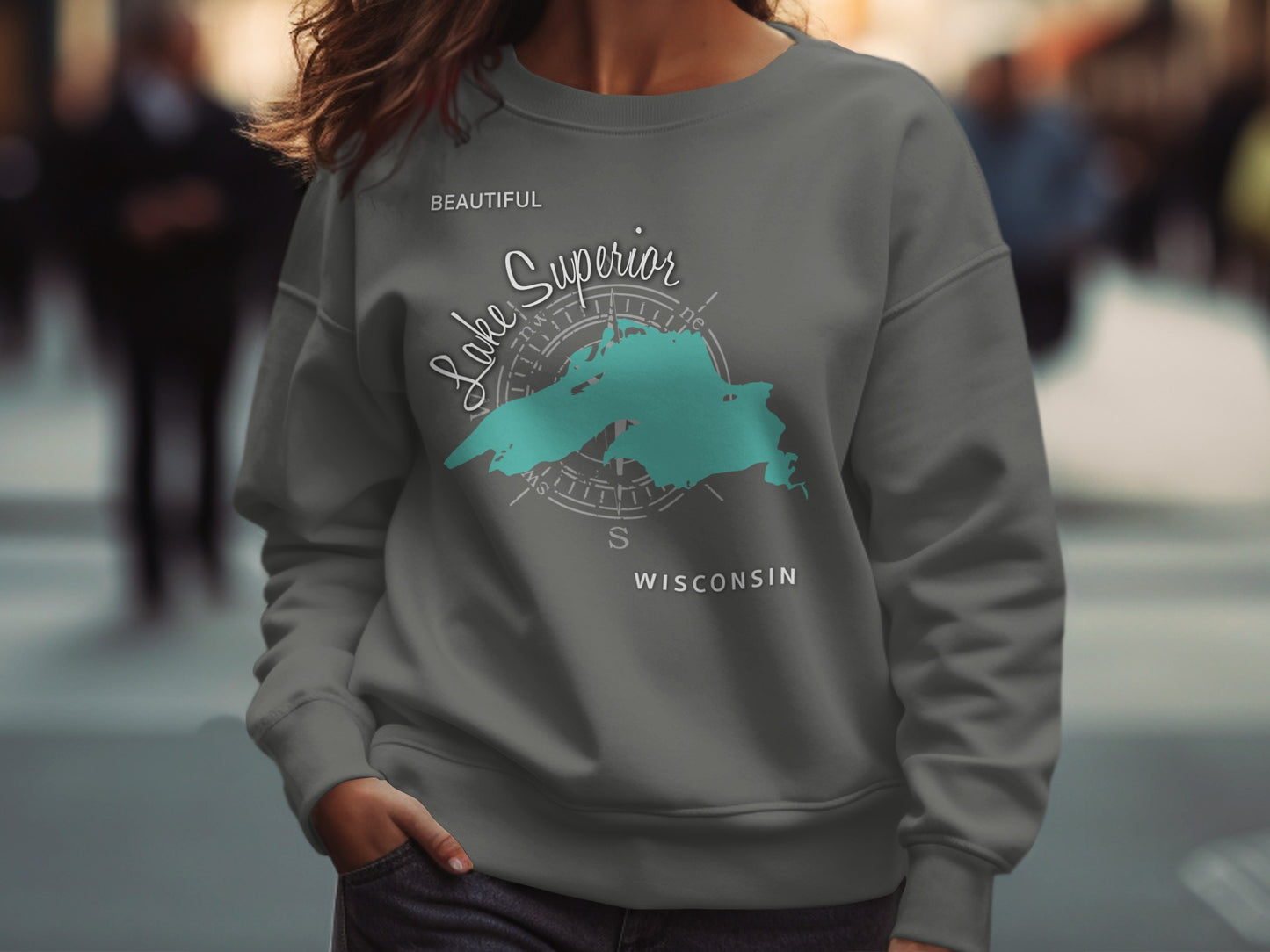 Grey sweatshirt with "Lake Superior Wisconsin" and compass design.
