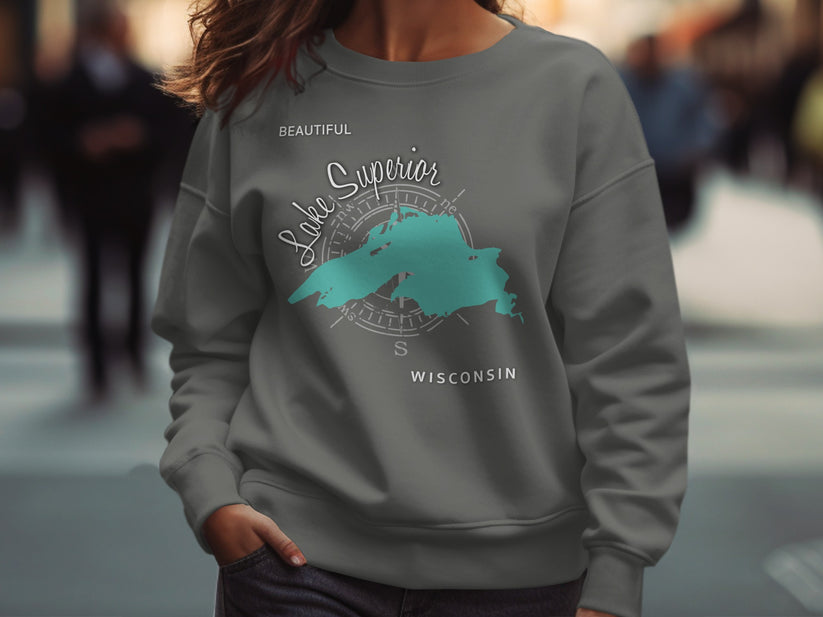 Grey sweatshirt with "Lake Superior Wisconsin" and compass design.