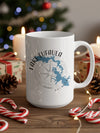 White mug with Lake Eufaula, Oklahoma map and compass design in a festive setting.