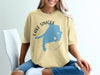 Yellow t-shirt with blue Lake Simcoe map and compass graphic.