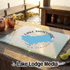 Glass cutting board featuring a blue map graphic and text reading Lake Mascuppic, New Hampshire.