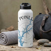 White water bottle with black lid, compass rose, and blue lake graphic.