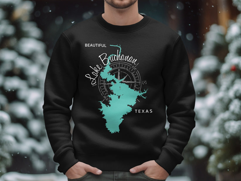 Black sweatshirt with "Lake Buchanan Texas" and compass rose graphic.