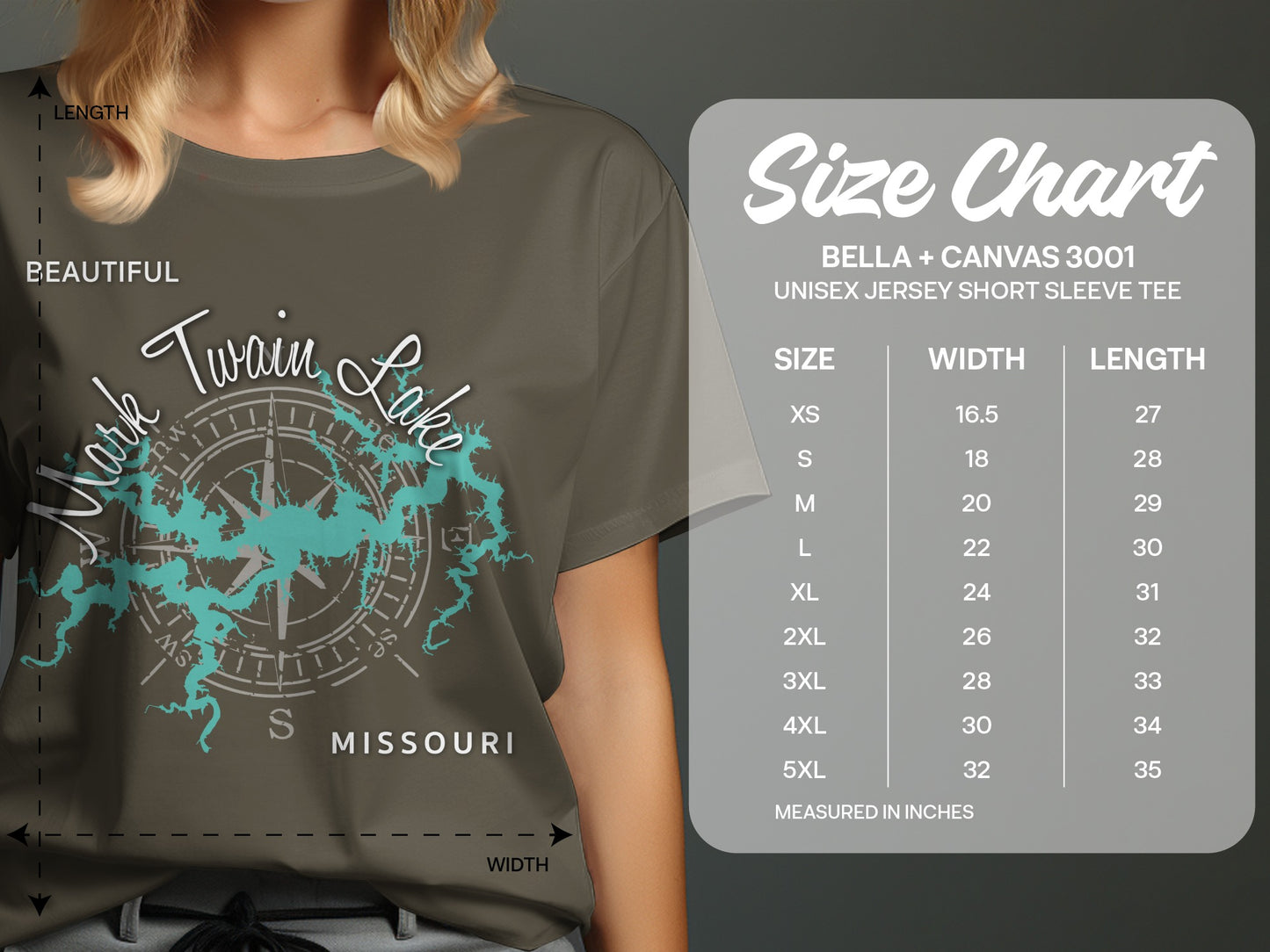 T-shirt size chart for Bella + Canvas 3001 unisex short sleeve tee.