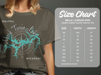 T-shirt size chart for Bella + Canvas 3001 unisex short sleeve tee.