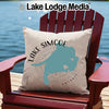 Cushion with Lake Simcoe map and compass rose on Adirondack chair.