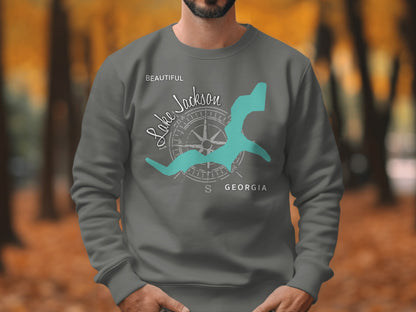 Gray sweatshirt with "Beautiful Lake Jackson Georgia" text and compass rose graphic.