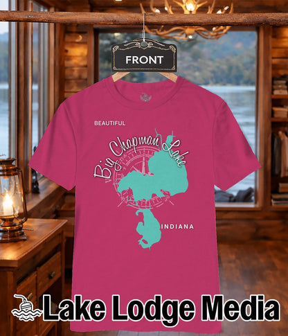 Pink t-shirt with map of Indiana and text "Big Chapman Lake" and "Lake Lodge Media".