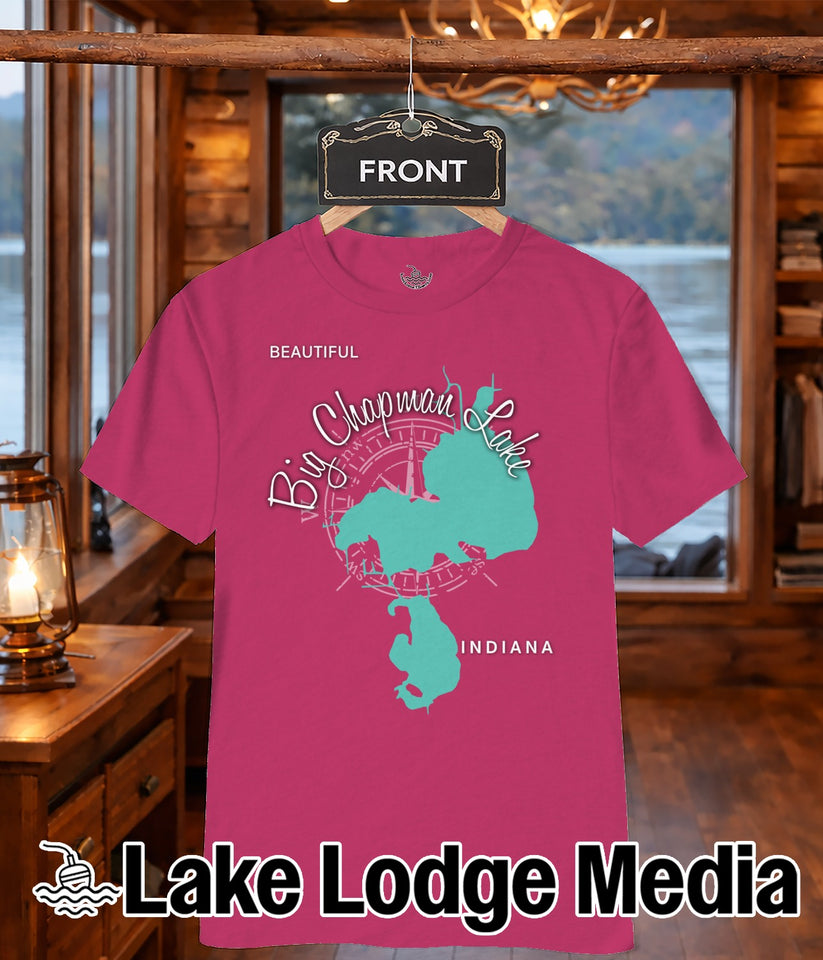 Pink t-shirt with map of Indiana and text "Big Chapman Lake" and "Lake Lodge Media".