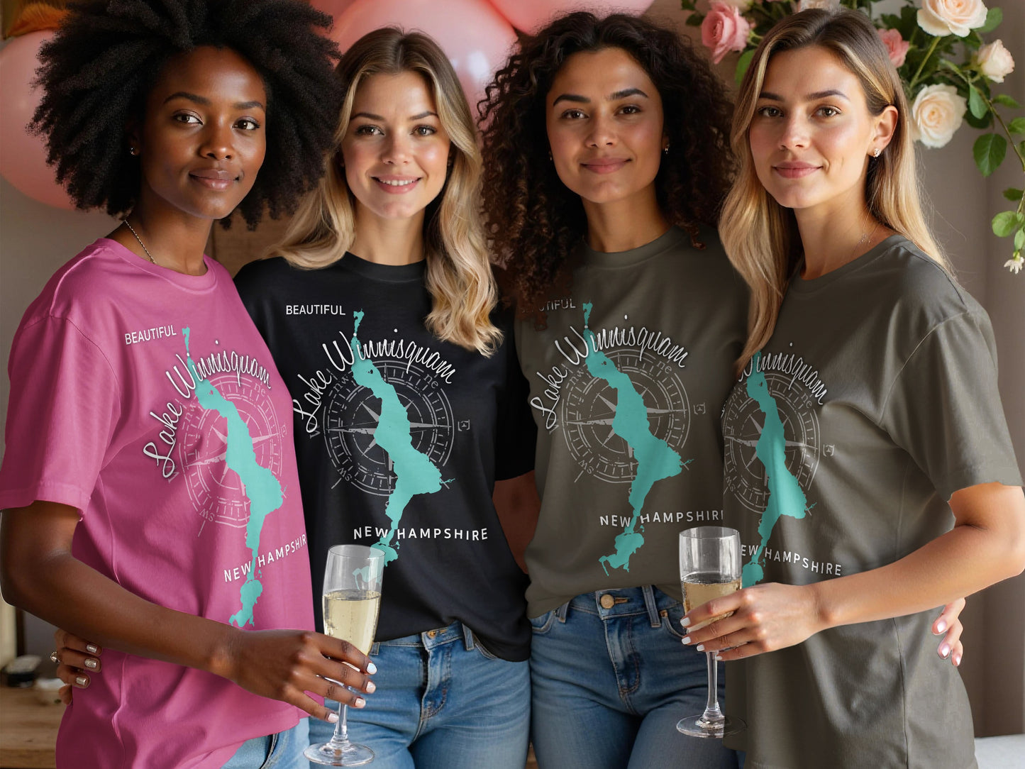 Four women in colorful t-shirts with Lake Winnisquam, New Hampshire graphic.