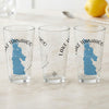 Three clear drinking glasses printed with a blue map and the text Lake Wanahoo, Nebraska.